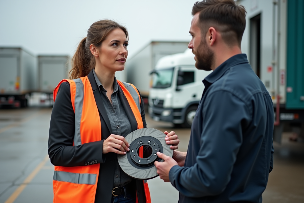 Femme gestionnaire de flotte discutant avec un technicien devant un camion
