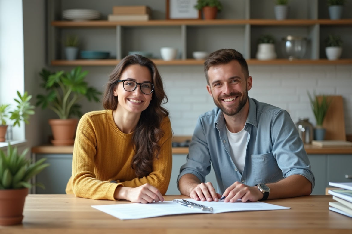 Femme et homme regardant des papiers dans la cuisine