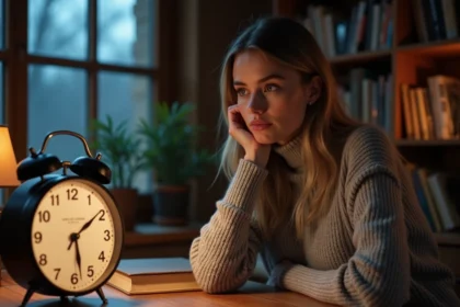 Femme contemplant une horloge affichant 18h18 dans un bureau cosy, symbolisant la synchronicité et les signes spirituels