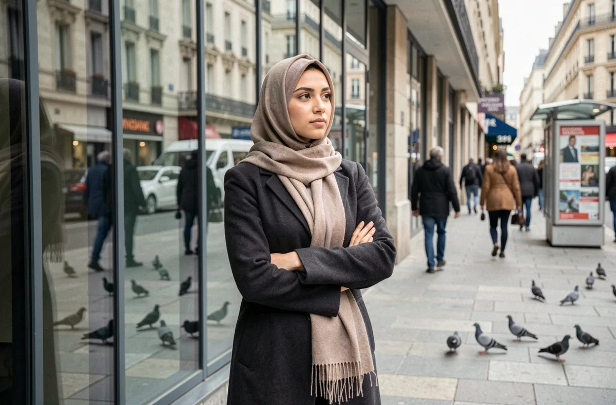 Jeune femme d'origine arabe debout dans une rue européenne animée, regard pensif, illustrant le questionnement identitaire et religieux dans la société contemporaine
