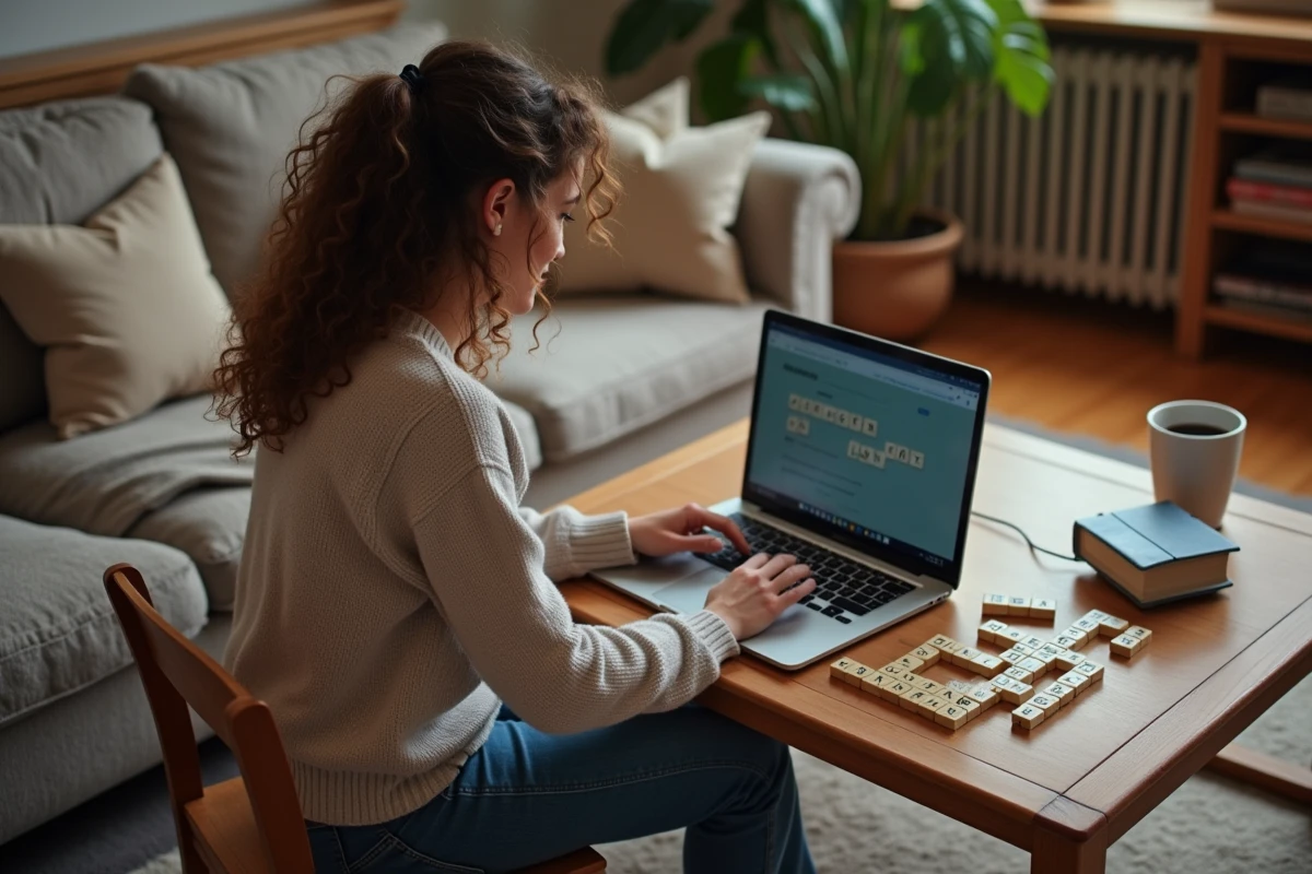 Femme utilisant un ordinateur pour vérifier un mot Scrabble dans le salon