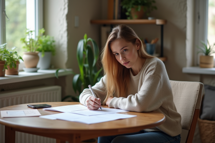Jeune femme dans son appartement examine des documents de logement