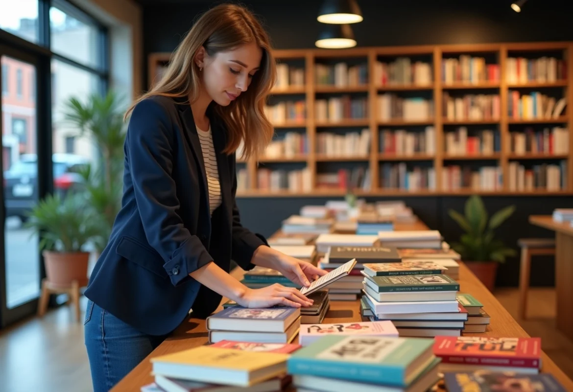 Femme arrangeant des livres colorés dans une librairie moderne