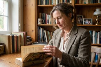 Femme d age moyenne lisant un roman dans une bibliothèque chaleureuse