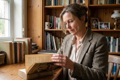 Femme d age moyenne lisant un roman dans une bibliothèque chaleureuse