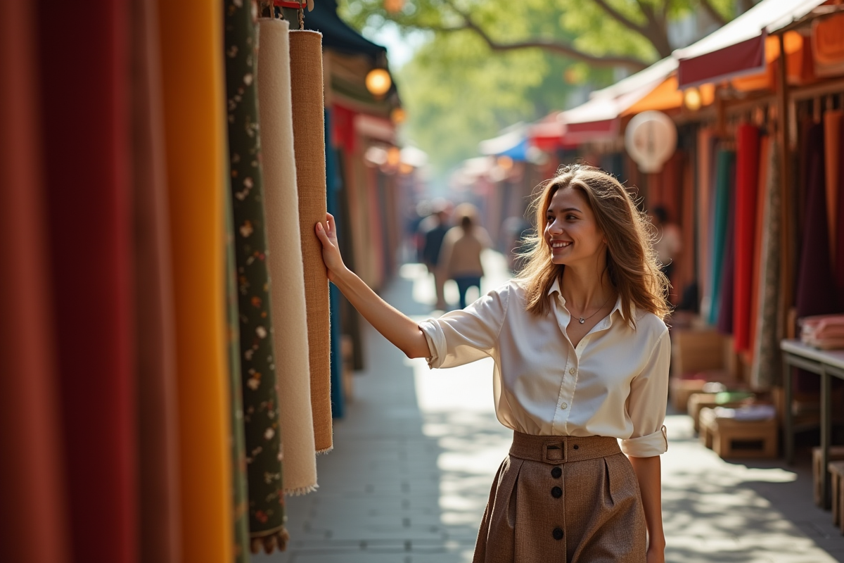 Jeune femme marche dans marché textile coloré et animé