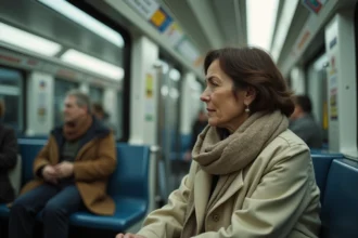 Femme assise dans le metro parisien regardant par la fenêtre