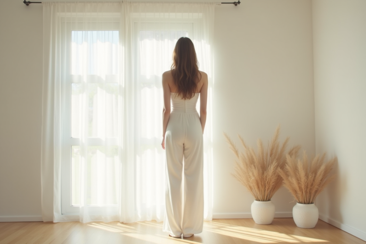 Femme en tenue blanche dans un salon minimaliste lumineux