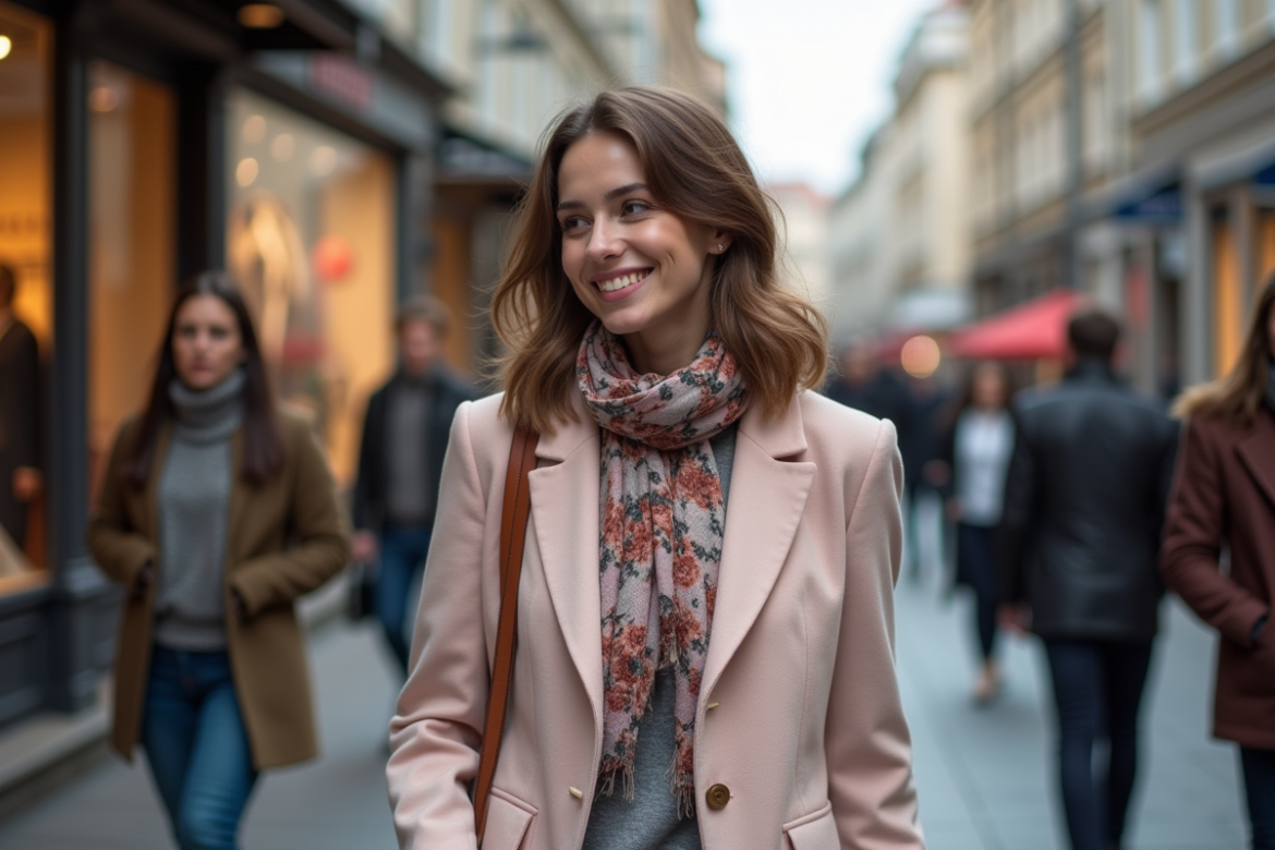 Jeune femme mode dans une rue européenne animée