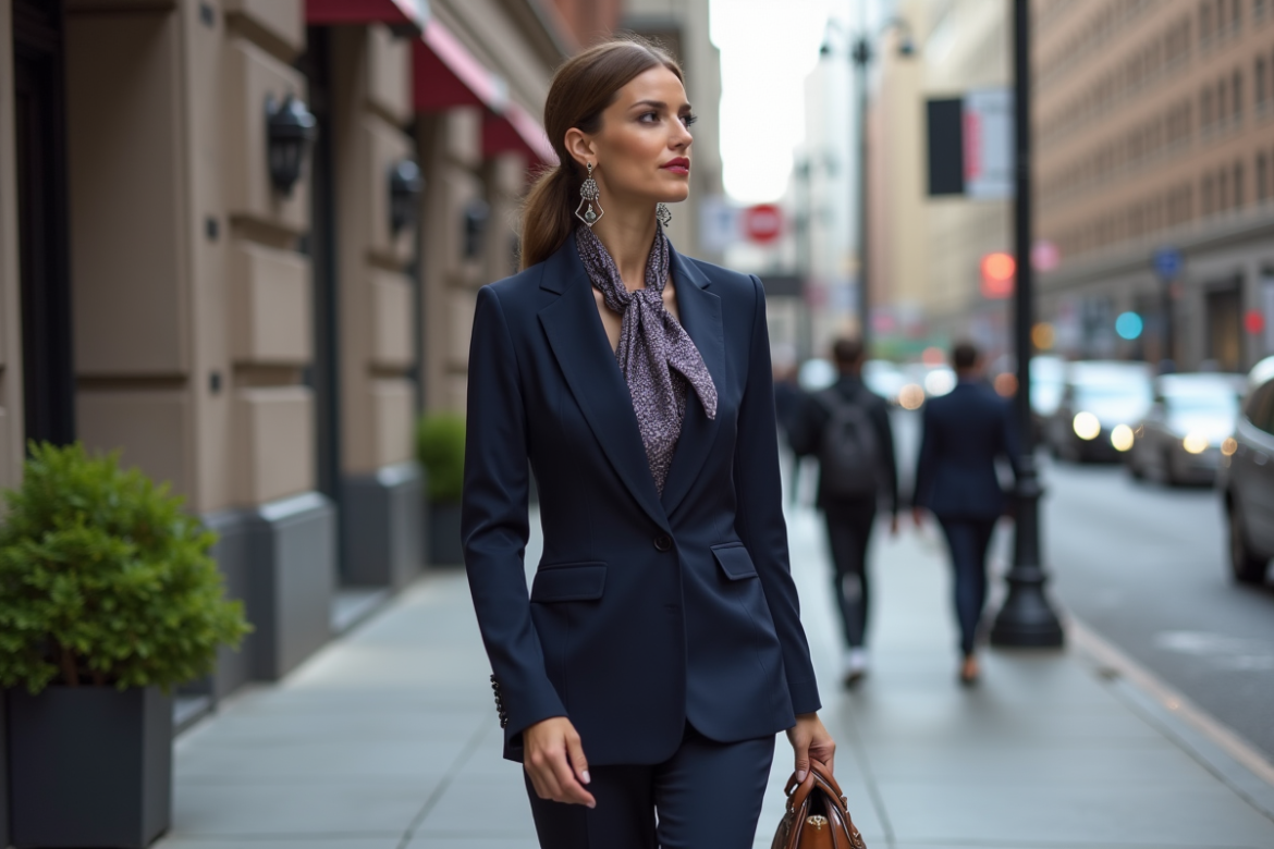Femme élégante en tailleur navy dans la ville