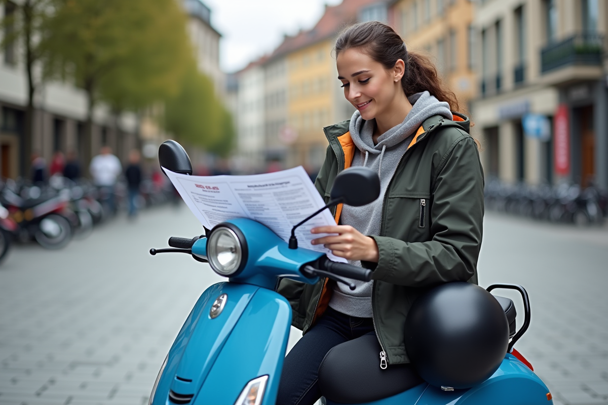 Femme avec moped bleu et planche de prix en ville