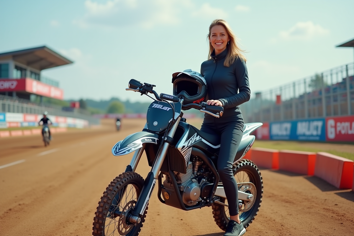 Femme en tenue motocross moderne avec une moto neuve 125cc