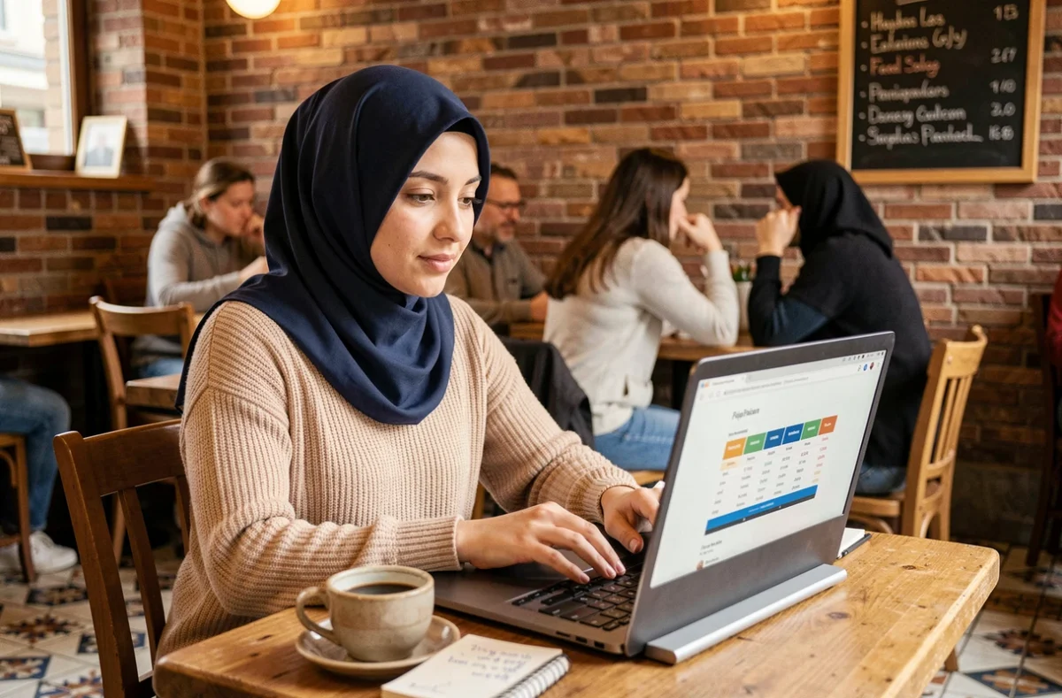 Jeune femme musulmane consultant les horaires de prière en 2026 sur ordinateur portable dans un café de Toulouse