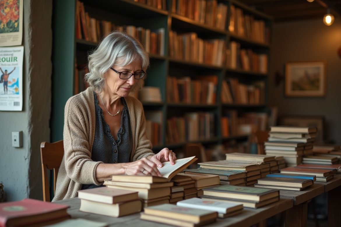 Femme d'âge moyen triant des livres d'occasion dans une brocante chaleureuse