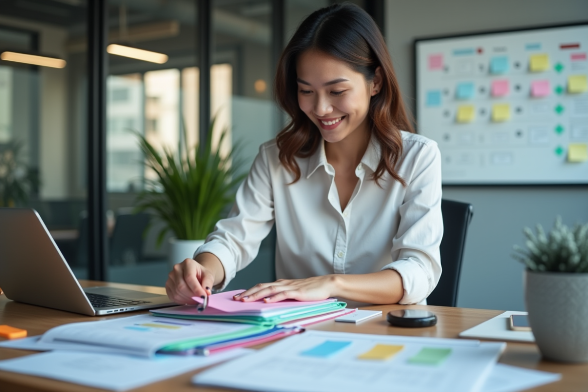 Femme souriante organisant des dossiers de projets au bureau