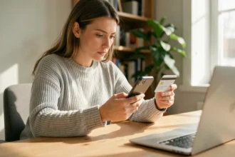 Femme vérifiant la sécurité d'un paiement en ligne avec sa carte bancaire et son smartphone au bureau