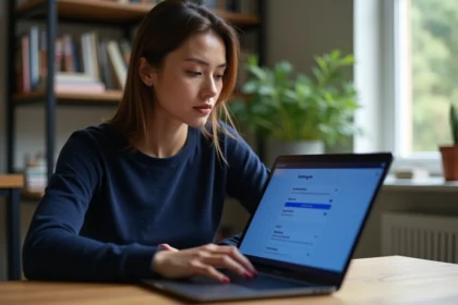 Femme consultant les paramètres de confidentialité sur un ordinateur portable, illustrant la collecte de données personnelles en ligne