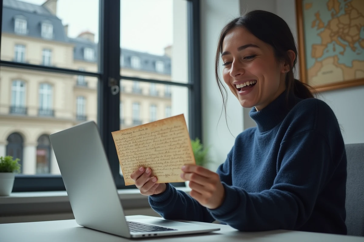 Femme passionnée d'histoire découvrant une lettre générée dans le style napoléonien sur le site napoleonseries.com depuis son bureau moderne