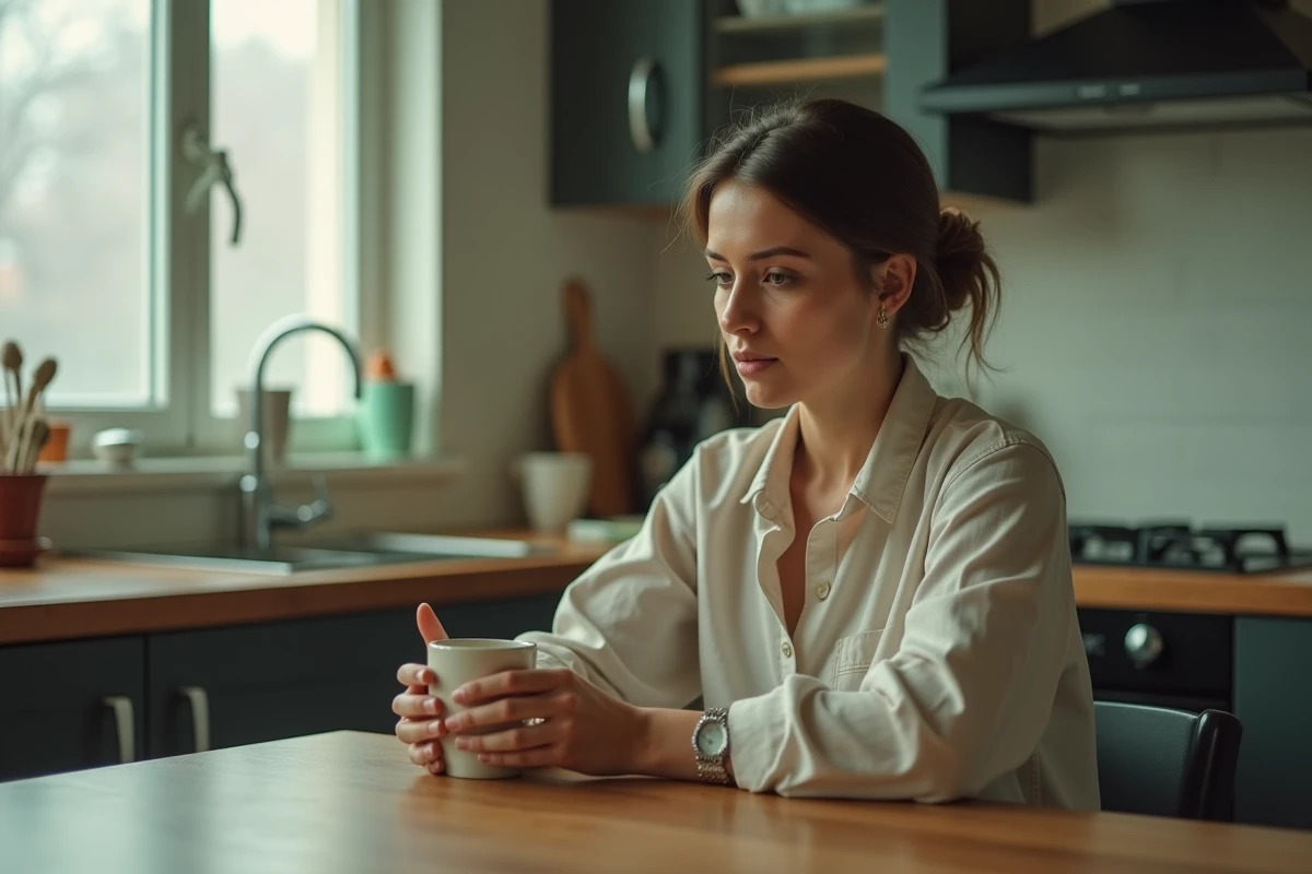 Femme pensive seule dans une cuisine moderne, tenant une tasse, regard perdu dans ses pensées, atmosphère intimiste et émotionnelle