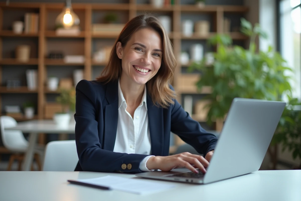Femme professionnelle créant un profil attractif sur ordinateur portable dans un espace de coworking moderne