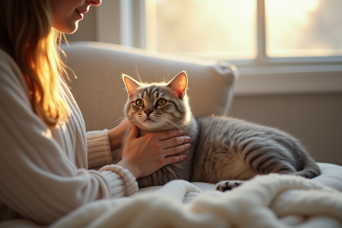 Jeune femme relaxe caressant un chat sur un canapé lumineux