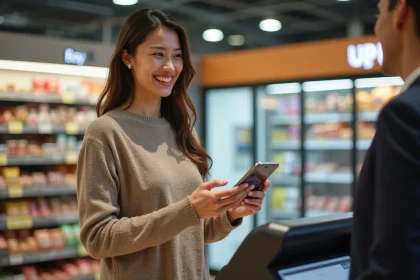 Femme souriante utilisant une carte de fidélité au supermarché