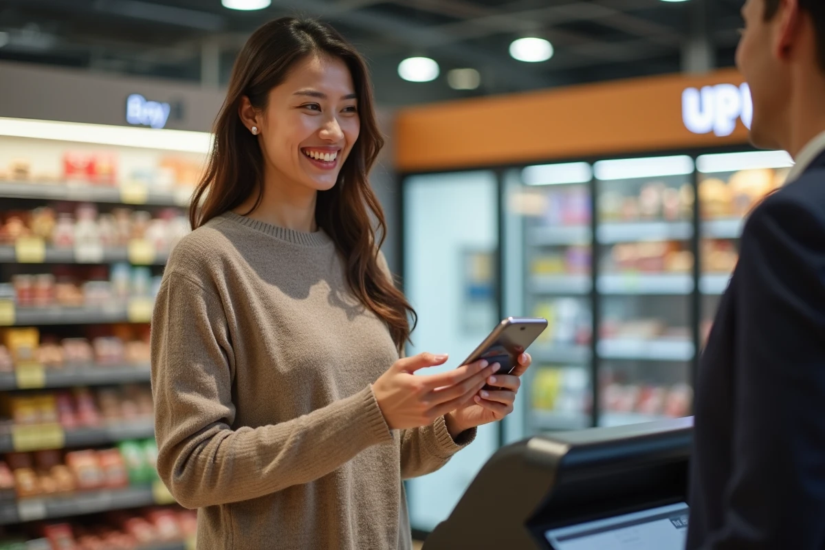 Femme souriante utilisant une carte de fidélité au supermarché