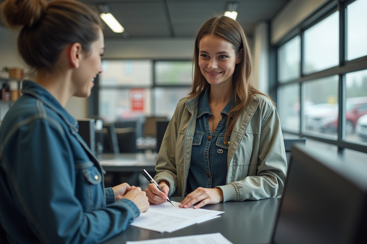 Jeune femme signe papier avec recycleur dans bureau auto