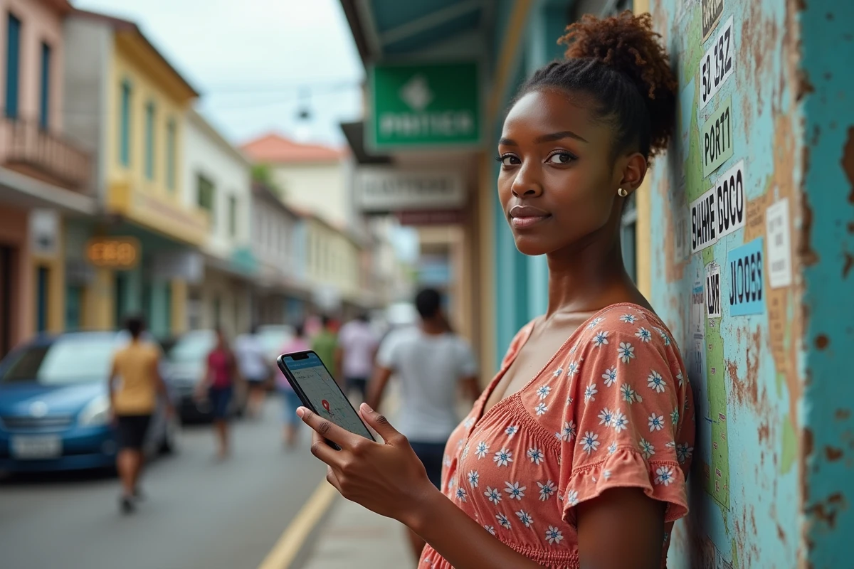 Femme consultant son téléphone avec un code postal de Port Louis dans une rue animée de la capitale mauricienne