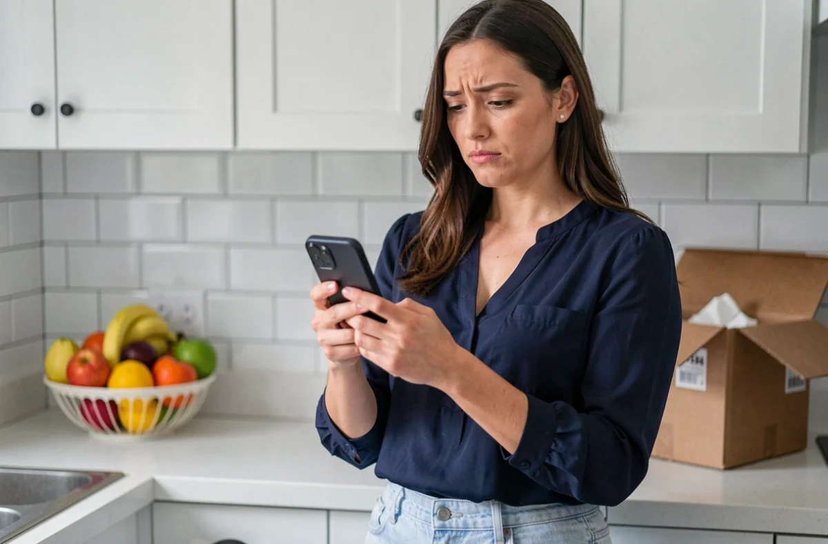 Femme lisant des commentaires sur un forum de consommateurs au sujet d'un produit commandé en ligne