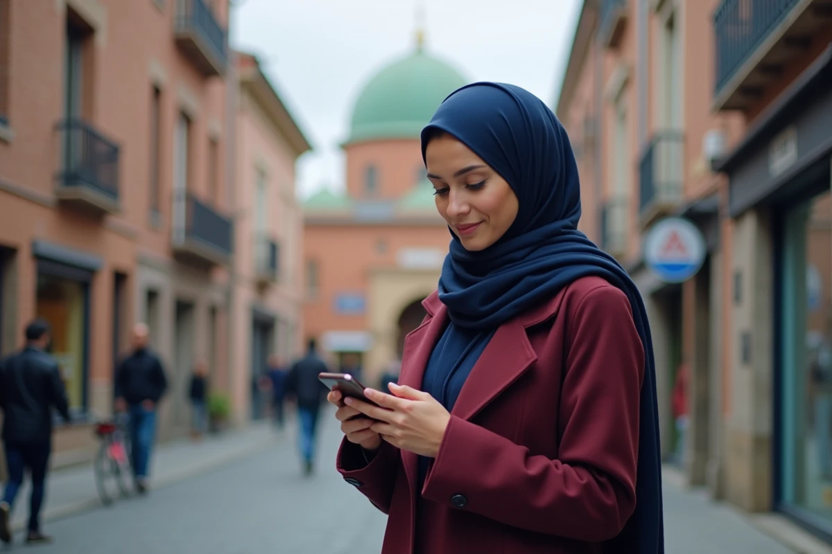 Femme vérifiant l'heure de la prière sur smartphone devant une mosquée à Toulouse