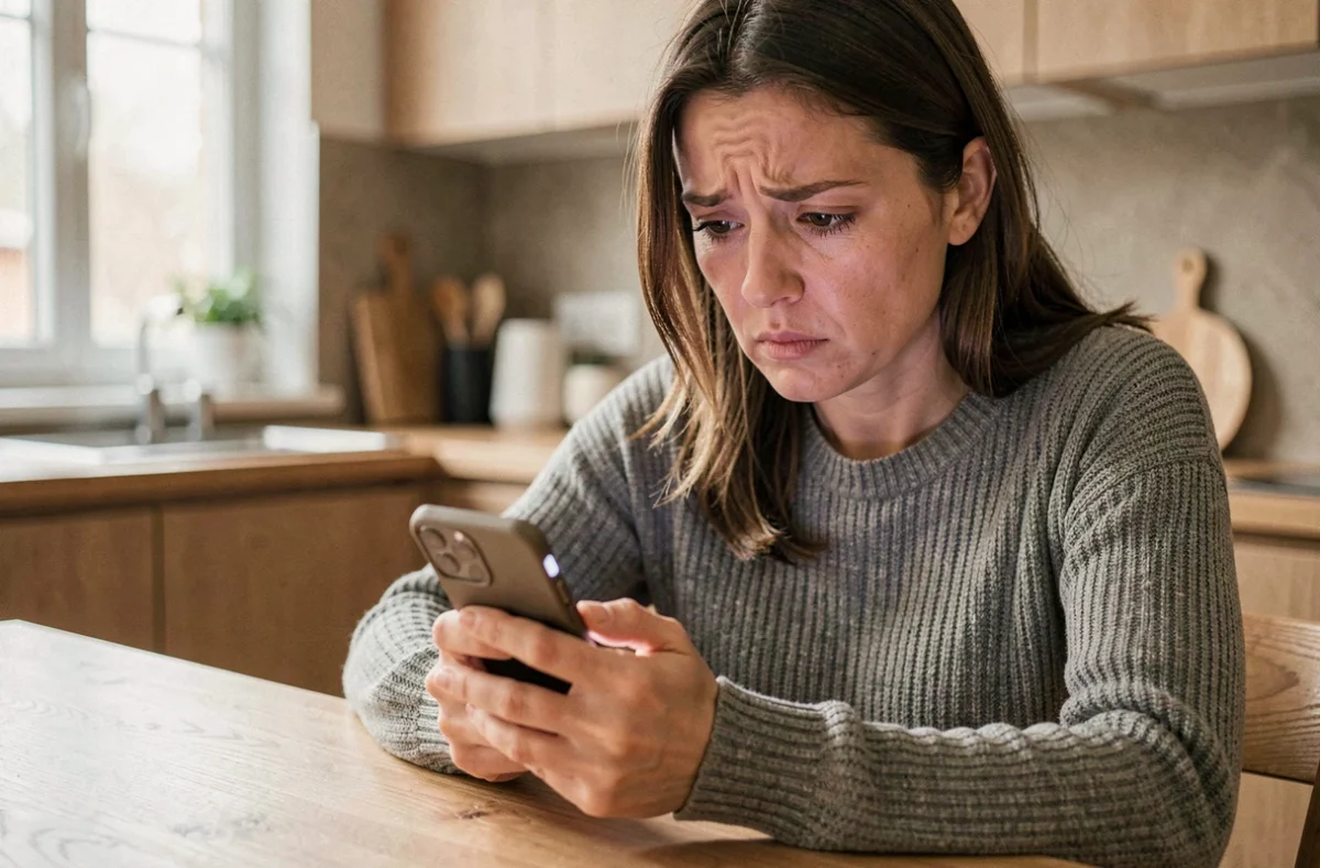 Femme frustrée regardant son smartphone après avoir découvert que son numéro pourrait être bloqué