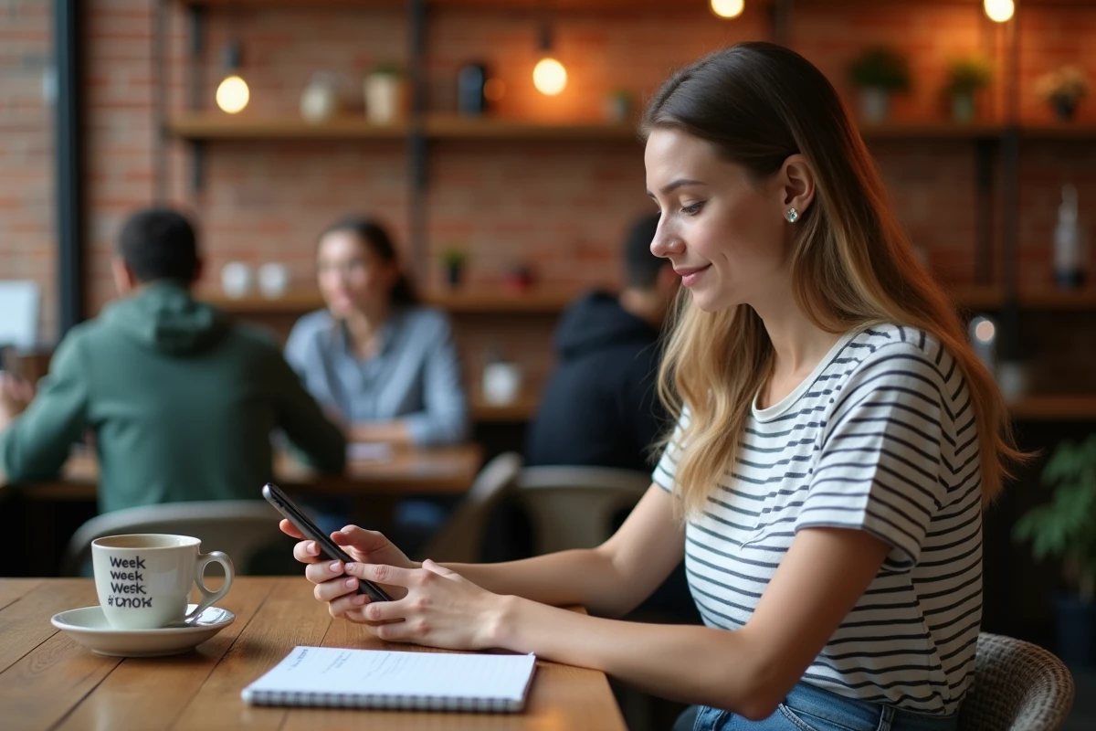 Jeune femme consultant un outil en ligne de semaines impaires 2026 sur smartphone dans un café