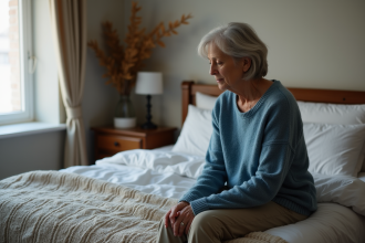 Femme contemplative assise seule sur un lit dans une chambre douce