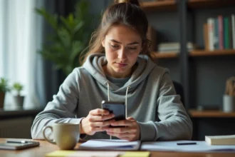 Femme jouant à un jeu d'escape sur smartphone Android, cherchant une solution pour Room