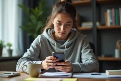 Femme jouant à un jeu d'escape sur smartphone Android, cherchant une solution pour Room