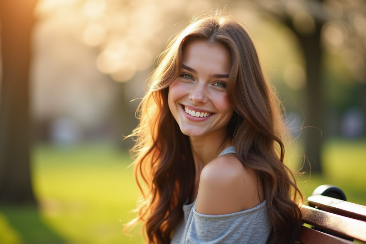 Jeune femme souriante dans un parc au printemps