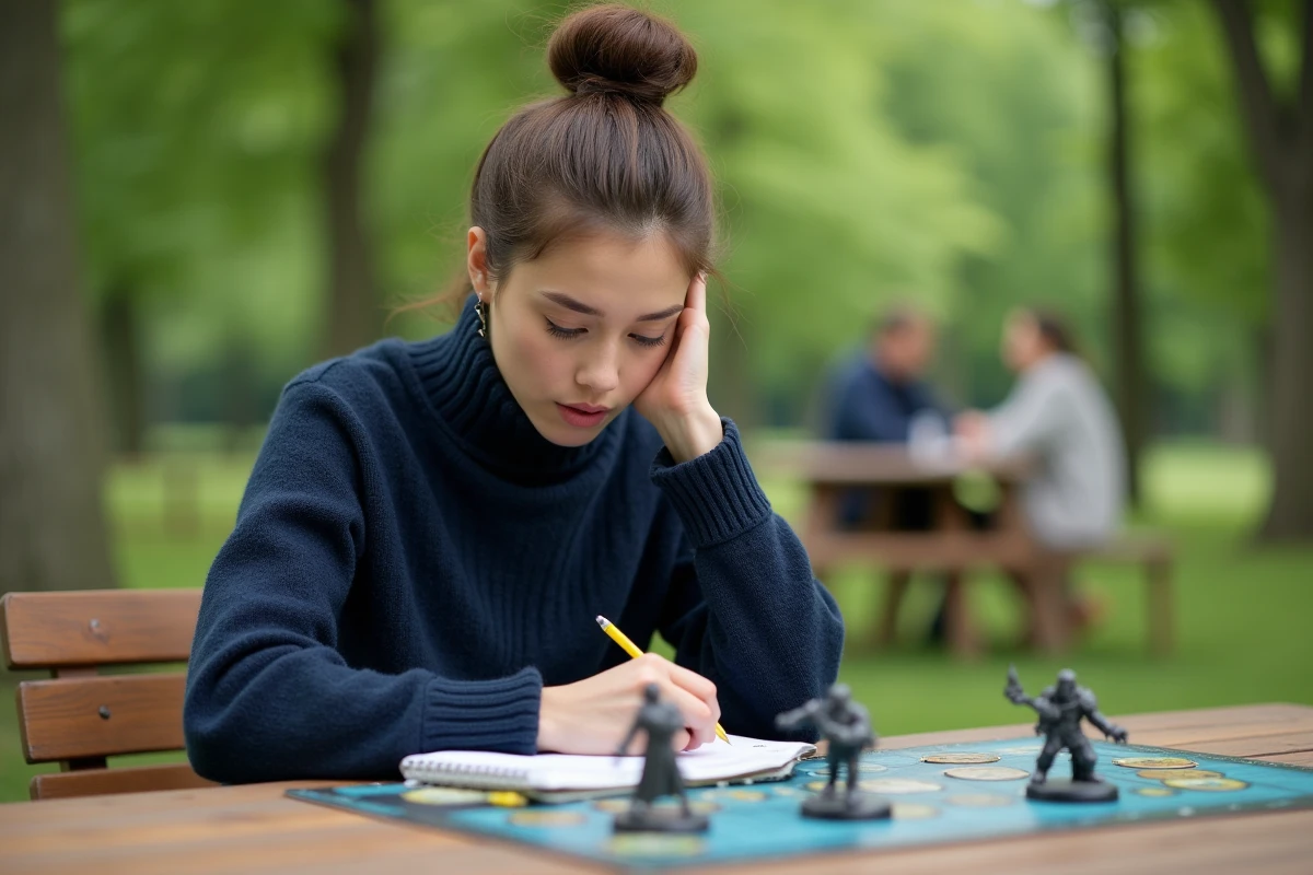 Jeune femme étudie des miniatures sur une table en plein air
