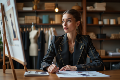 Femme styliste en tailleur couture dans un studio de mode