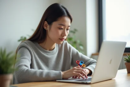 Jeune femme concentrée faisant tourner une toupie Google à son bureau minimaliste pour améliorer sa concentration au travail