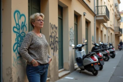 Femme en jeans et pull dans une rue urbaine de La Ciotat