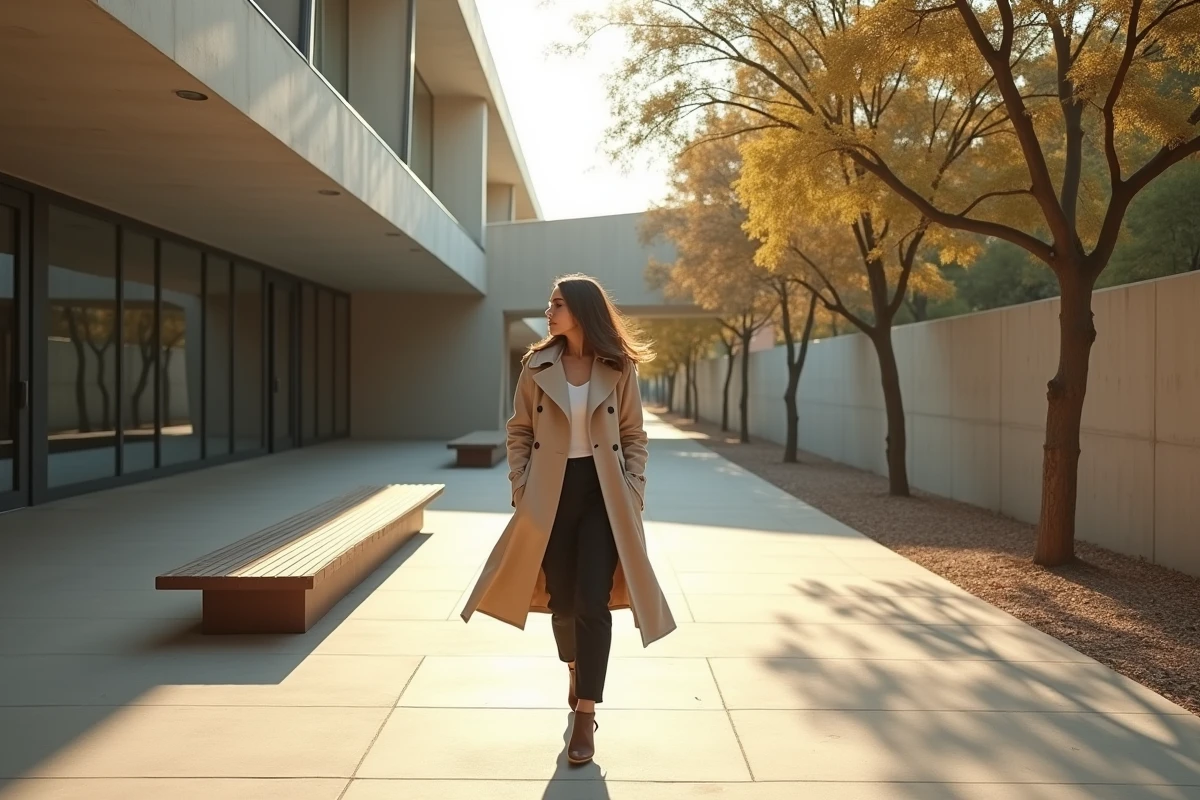 Jeune femme marchant près d un bâtiment de Le Corbusier en béton