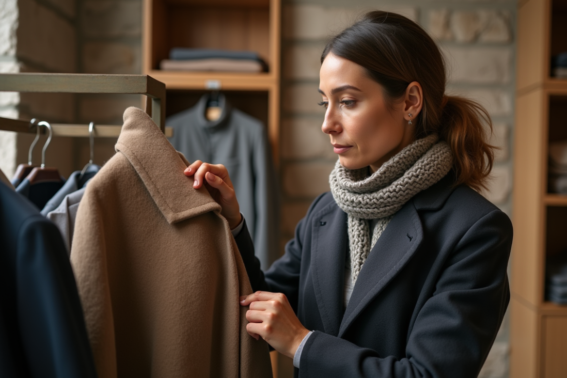 Femme examine la couture d'un manteau en laine dans une boutique