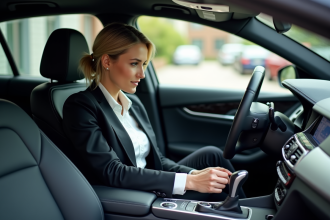 Femme d affaires dans la voiture examine le levier de vitesse