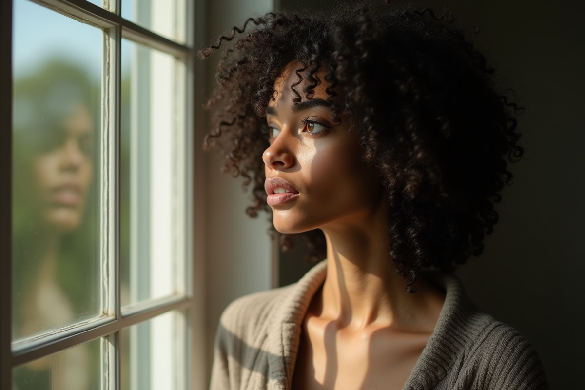Femme aux cheveux bouclés regardant par une grande fenêtre