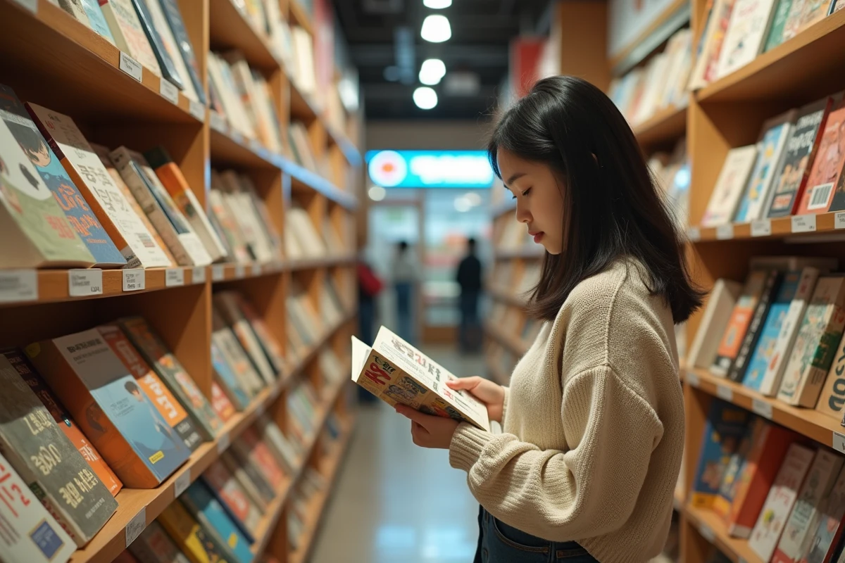 Jeune femme choisissant un manhwa dans une librairie coréenne