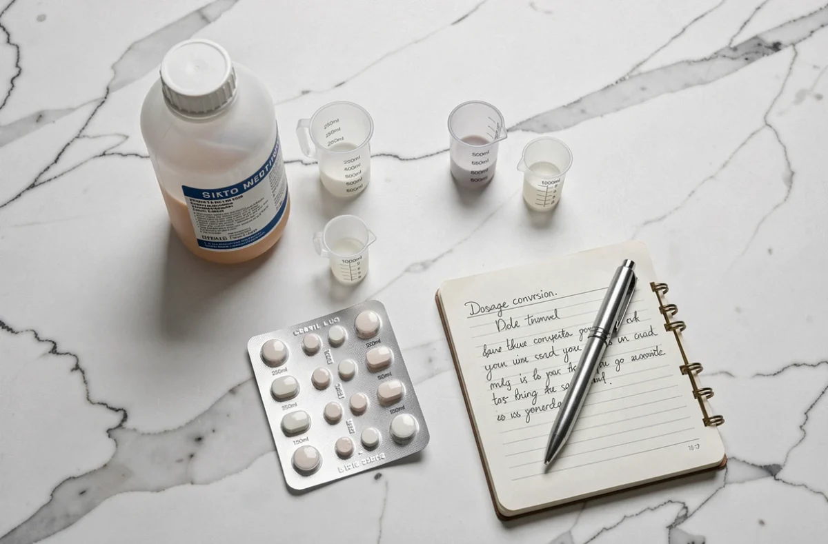 Vue de dessus d'un flacon d'un litre et de verres gradués en millilitres pour le dosage de médicaments