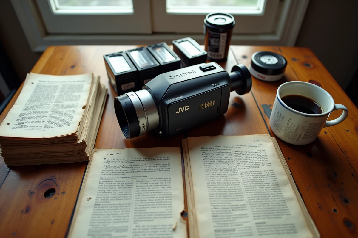 Vue de dessus d'un caméscope JVC rétro avec des cassettes mini-DV, un manuel d'utilisation et des impressions de vieux fils de forum sur une table en bois usée