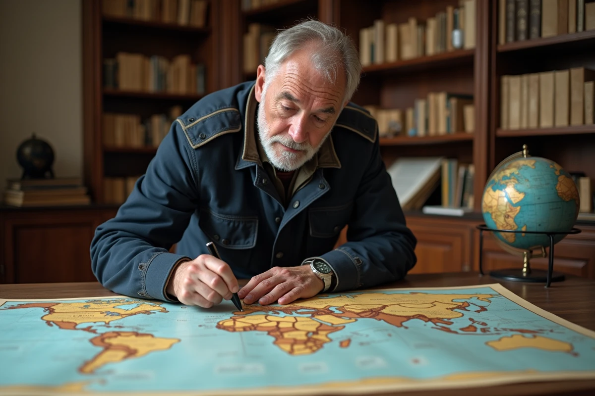 Géographe étudiant une carte du monde pour comparer la superficie des plus grands pays incluant la Russie
