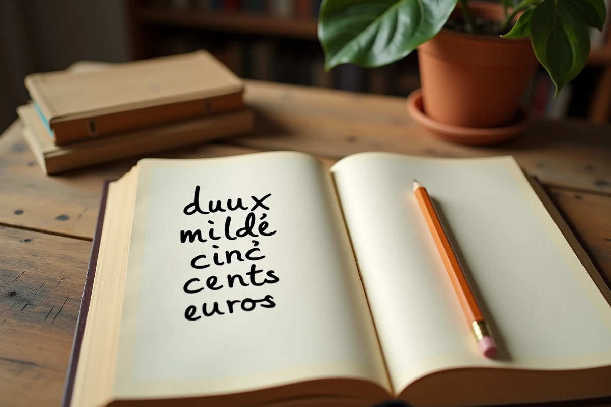Livre de grammaire française ouvert et bloc-notes avec le montant deux mille cinq cents euros écrit en lettres, posés sur une table en bois